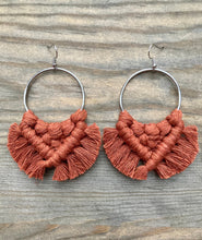 Load image into Gallery viewer, Large Square Knot Fringe Earrings - Burnt Orange &amp; Silver

