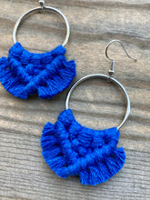 Load image into Gallery viewer, Medium Square Knot Fringe Earrings - Cobalt Blue &amp; Silver
