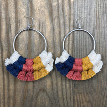 Load image into Gallery viewer, Mulitcolored Fringe Earrings Lg - Natural, Navy, Pomegranate &amp; Mustard
