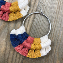 Load image into Gallery viewer, Mulitcolored Fringe Earrings Lg - Natural, Navy, Pomegranate &amp; Mustard
