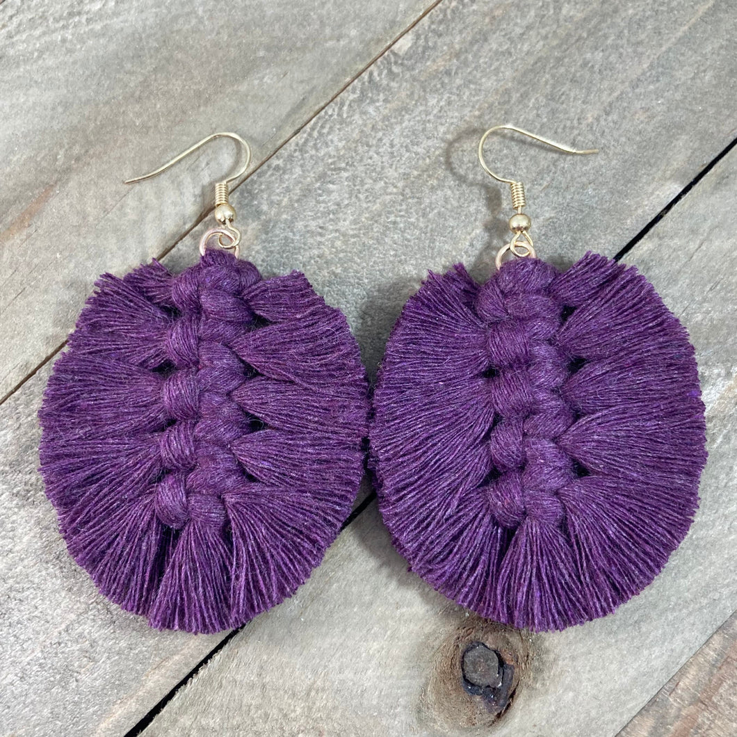 Feather Fringe Earrings - Eggplant Purple & Gold