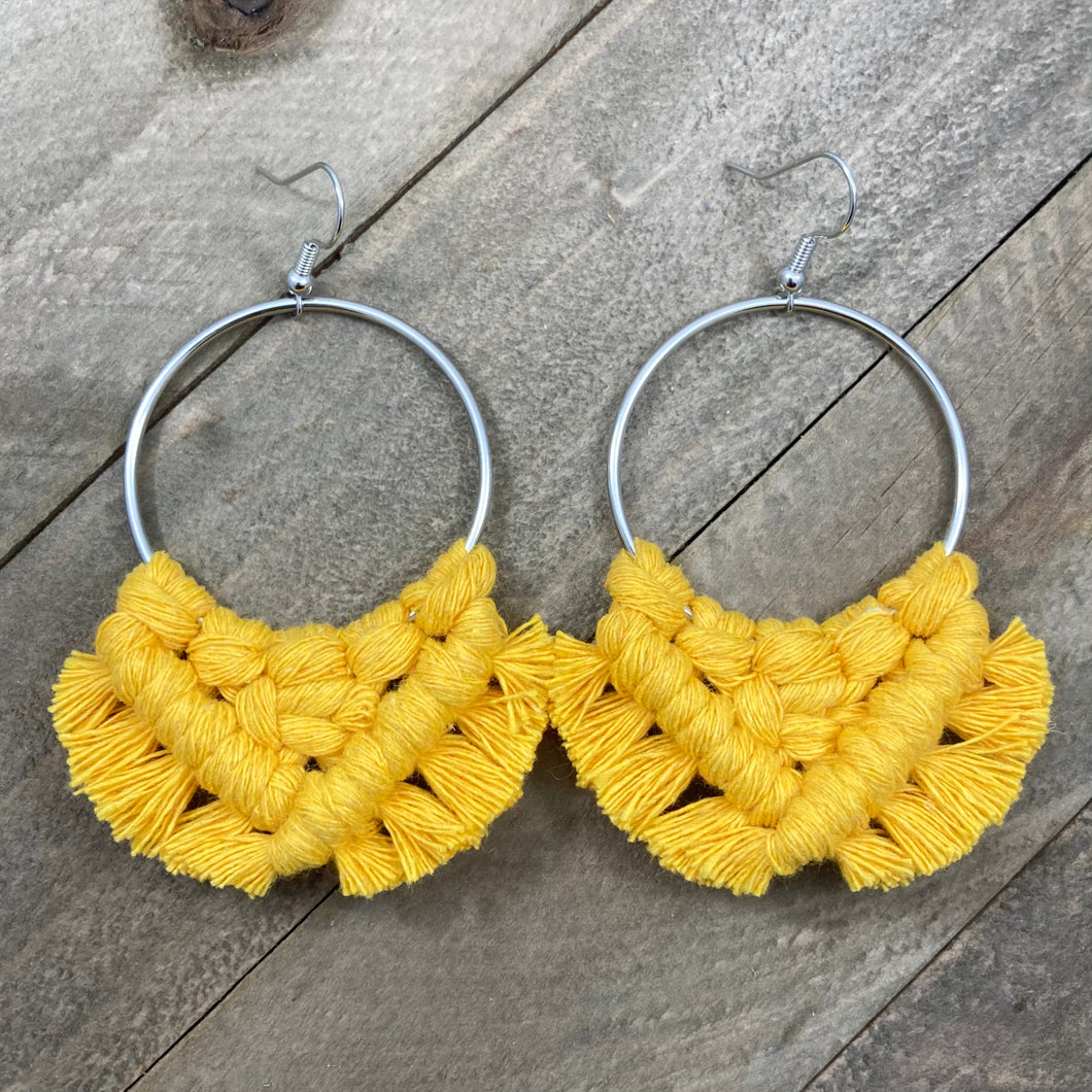 Large Square Knot Earrings - Bright Yellow & Silver