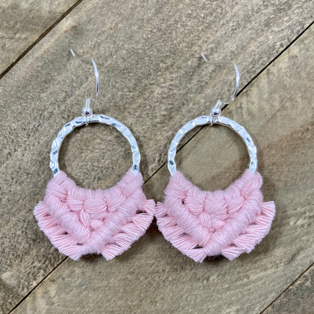 Square Knot Fringe Earrings - Baby Pink & Hammered Silver