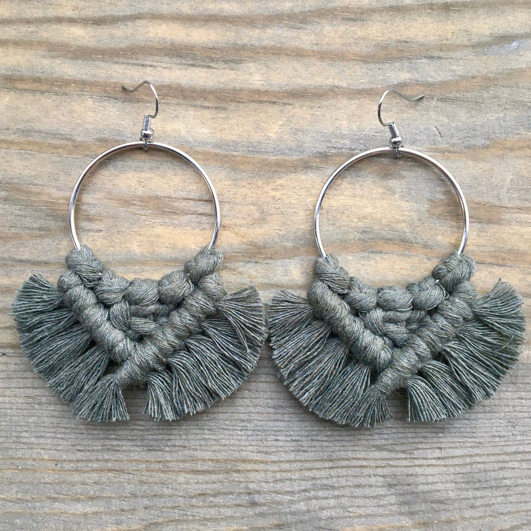 Large Square Knot Fringe Earrings - Army Green & Silver