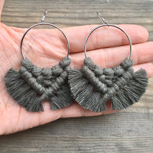 Load image into Gallery viewer, Large Square Knot Fringe Earrings - Army Green &amp; Silver
