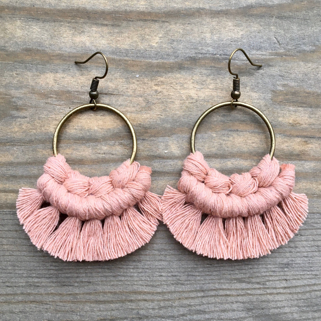 Small Fringe Earrings - Dusty Blush Pink & Bronze