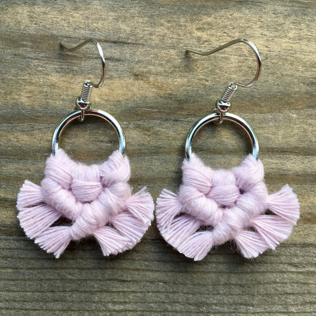 Micro Fringe Round Earrings - Baby Pink & Silver