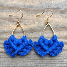 Load image into Gallery viewer, Micro Macrame Blue Teardrop Fringe Earrings. Mini Blue Fringe Earrings. Small Blue Earrings. Boho Earrings. Blue Statement Earrings.
