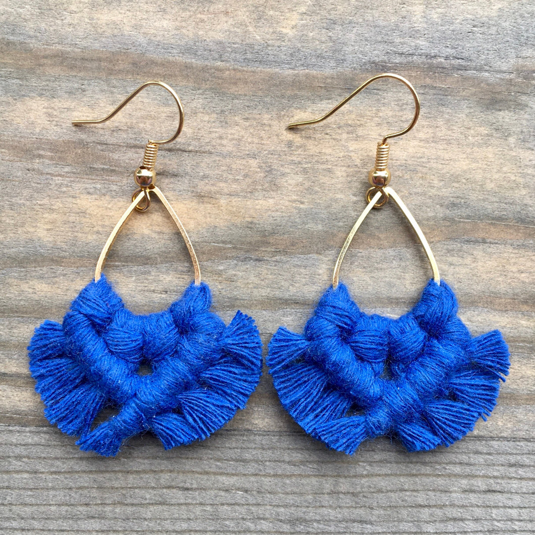 Micro Macrame Blue Teardrop Fringe Earrings. Mini Blue Fringe Earrings. Small Blue Earrings. Boho Earrings. Blue Statement Earrings.