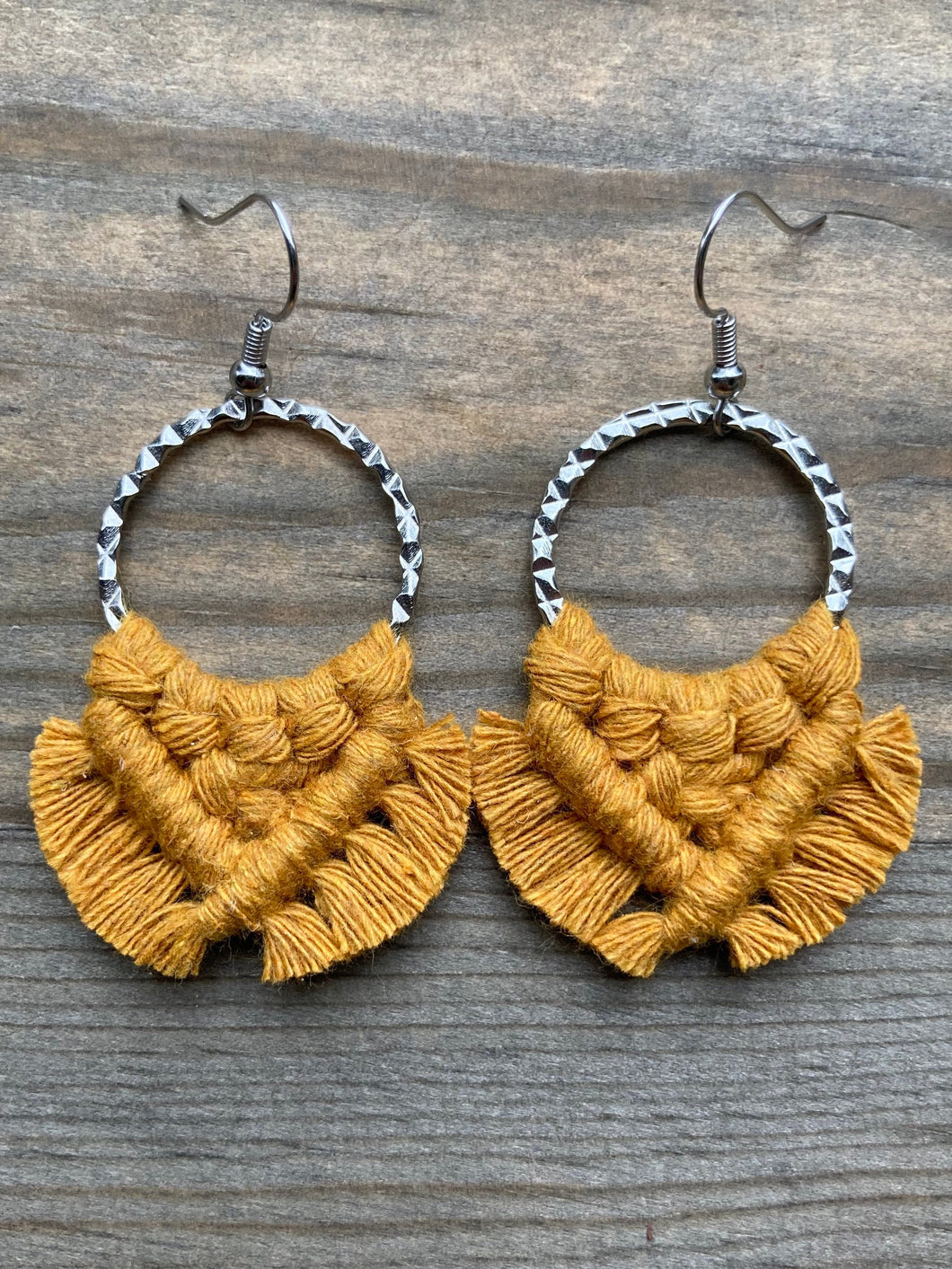 Small Square Knot Fringe Earrings - Mustard & Silver