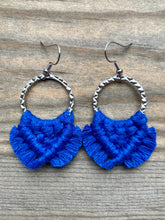 Load image into Gallery viewer, Small Square Knot Fringe Earrings - Cobalt Blue &amp; Silver
