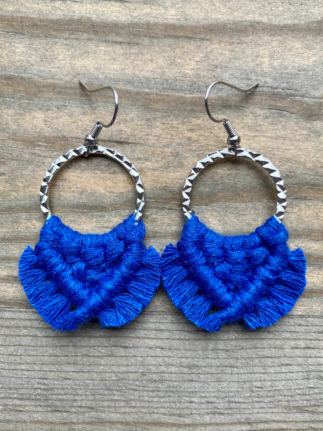 Small Square Knot Fringe Earrings - Cobalt Blue & Silver
