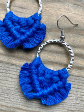 Load image into Gallery viewer, Small Square Knot Fringe Earrings - Cobalt Blue &amp; Silver
