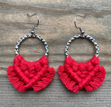Load image into Gallery viewer, Small Square Knot Fringe Earrings - Red &amp; Silver
