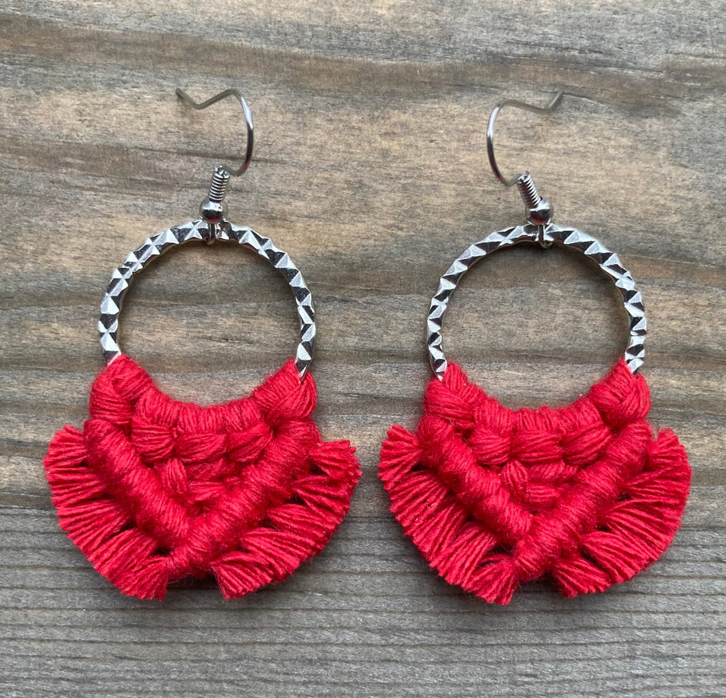 Small Square Knot Fringe Earrings - Red & Silver
