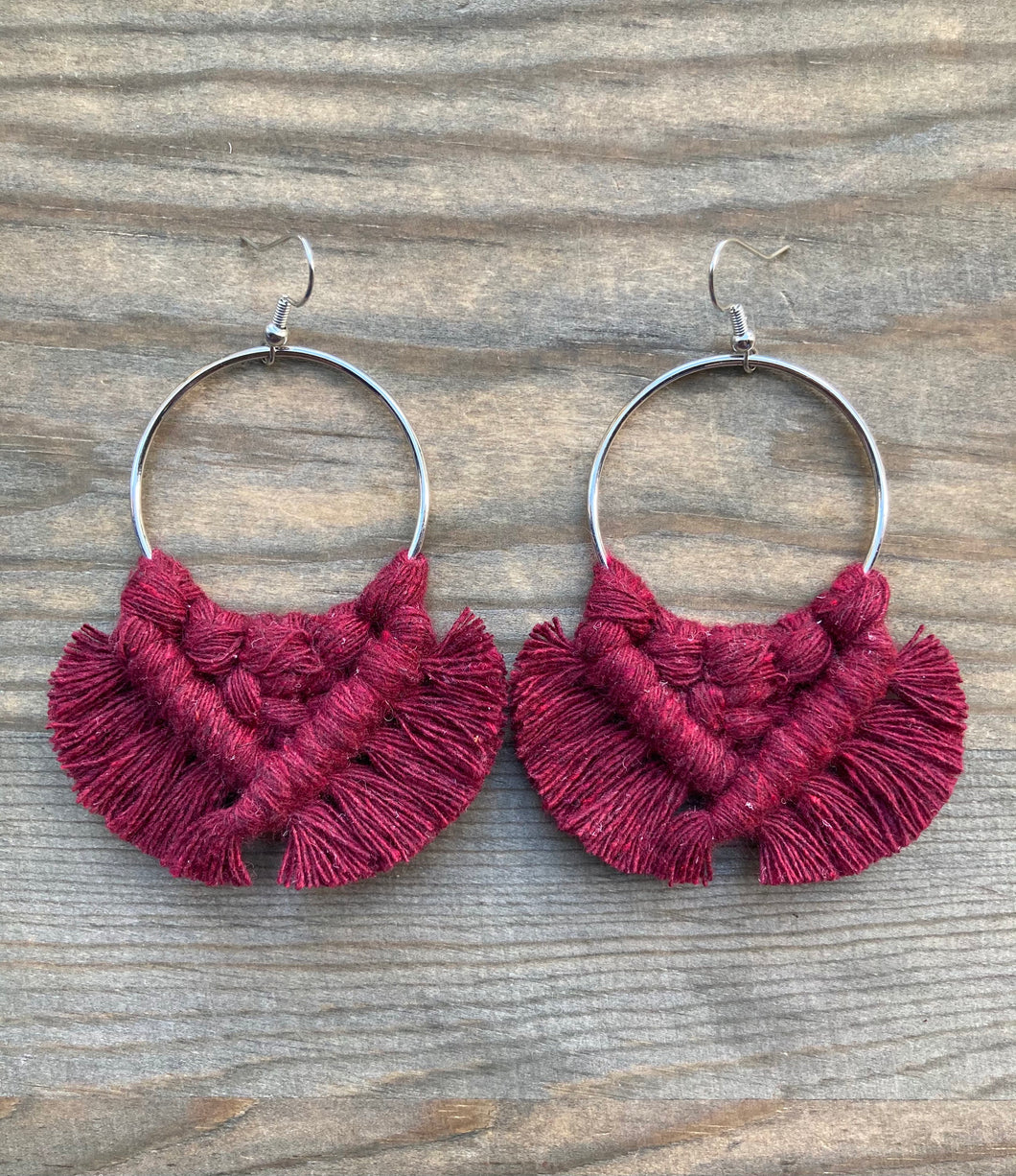 Large Square Knot Earrings - Burgundy & Silver