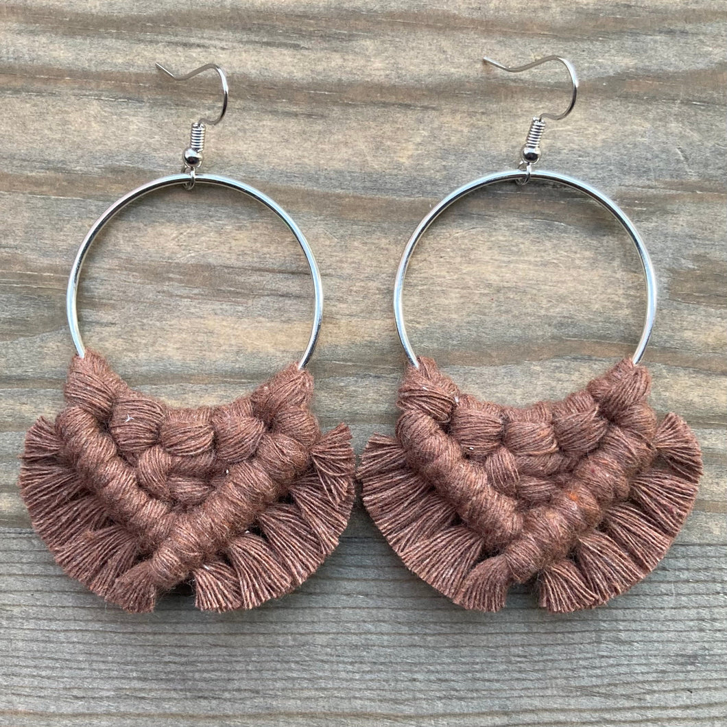 Large Square Knot Earrings - Brown & Silver