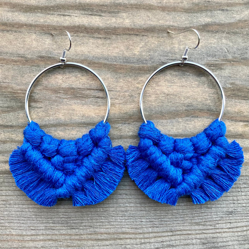 Large Square Knot Fringe Earrings - Cobalt Blue & Silver