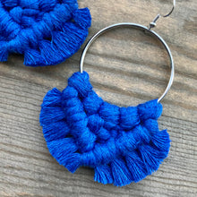 Load image into Gallery viewer, Large Square Knot Fringe Earrings - Cobalt Blue &amp; Silver
