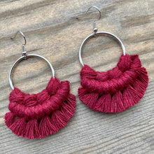 Load image into Gallery viewer, Small Macrame Earrings - Burgundy and Silver
