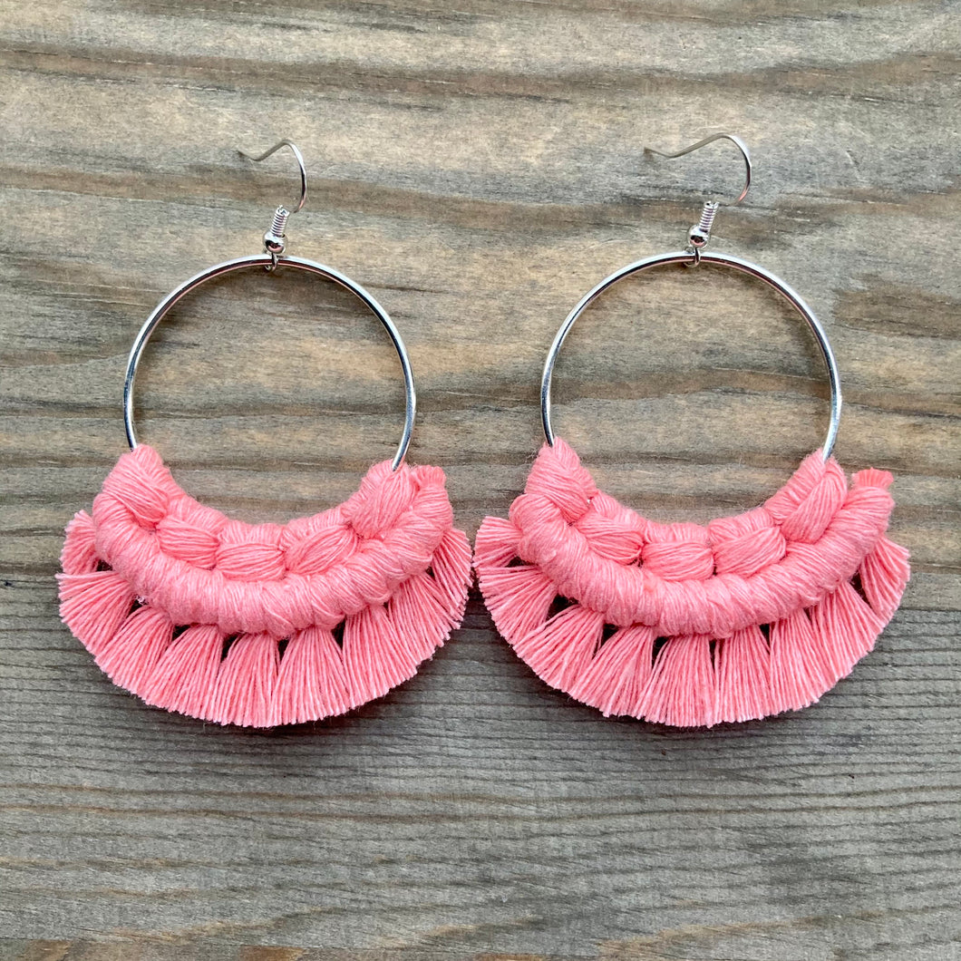 Large Fringe Earrings - Coral & Silver