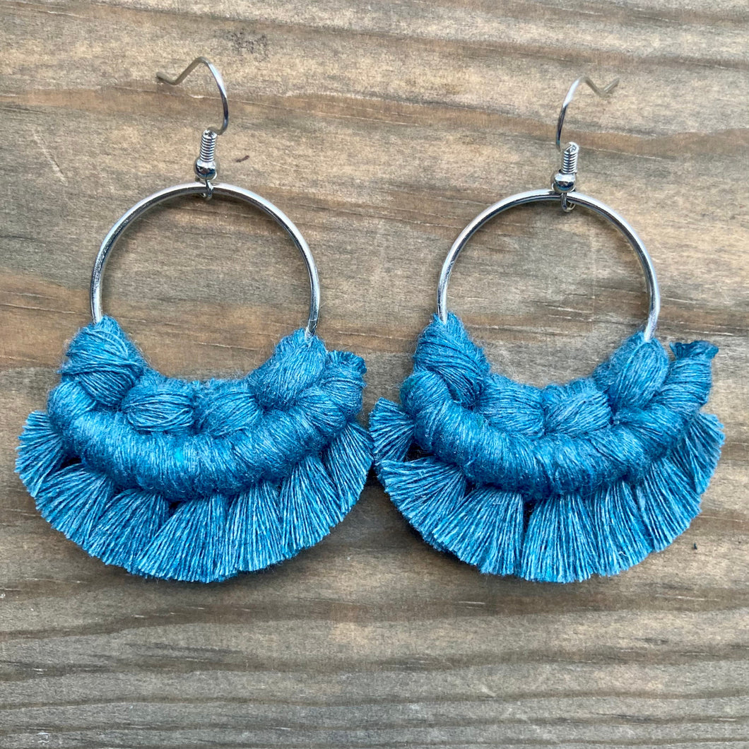 Small Round Macrame Earrings - Ocean Blue & Silver