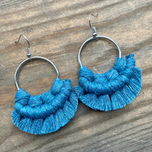 Load image into Gallery viewer, Small Round Macrame Earrings - Ocean Blue &amp; Silver
