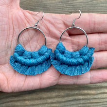 Load image into Gallery viewer, Small Round Macrame Earrings - Ocean Blue &amp; Silver
