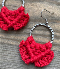 Load image into Gallery viewer, Small Square Knot Fringe Earrings - Red &amp; Silver
