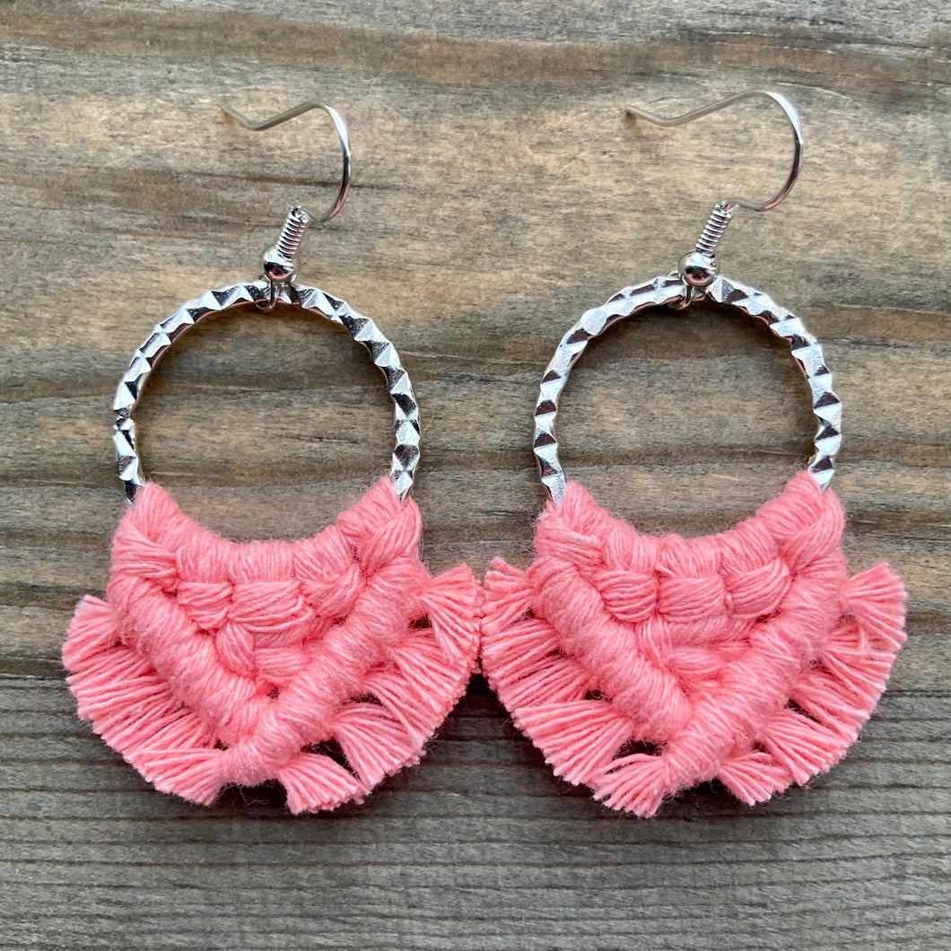 Small Square Knot Fringe Earrings - Coral & Silver