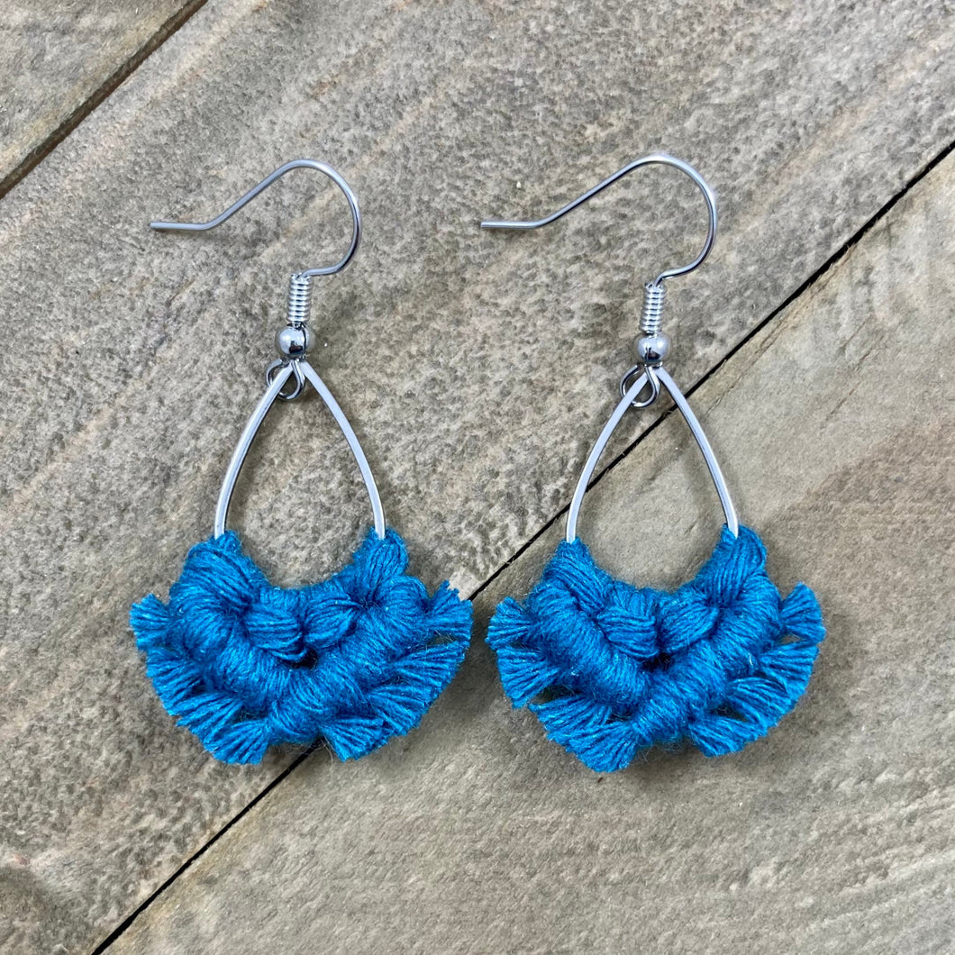 Micro Macrame Aqua Blue Teardrop Fringe Earrings. Mini Blue Fringe Earrings. Small BlueEarrings. Mini Blue Statement Earrings.
