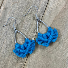 Load image into Gallery viewer, Micro Macrame Aqua Blue Teardrop Fringe Earrings. Mini Blue Fringe Earrings. Small BlueEarrings. Mini Blue Statement Earrings.
