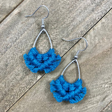 Load image into Gallery viewer, Micro Macrame Aqua Blue Teardrop Fringe Earrings. Mini Blue Fringe Earrings. Small BlueEarrings. Mini Blue Statement Earrings.
