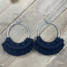 Load image into Gallery viewer, Large Macrame Fringe Earrings - Black &amp; Silver
