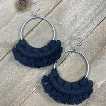 Load image into Gallery viewer, Large Macrame Fringe Earrings - Black &amp; Silver
