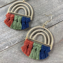 Load image into Gallery viewer, Rainbow Fringe Earrings. Rainbow Macrame Earrings. Rainbow Earrings. Knotted Fringe Earrings. Rainbow Statement Earrings.
