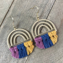 Load image into Gallery viewer, Rainbow Fringe Earrings. Rainbow Macrame Earrings. Rainbow Earrings. Knotted Fringe Earrings. Rainbow Statement Earrings.
