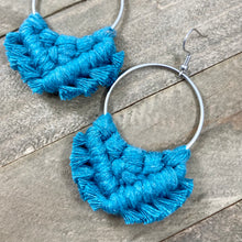 Load image into Gallery viewer, Large Square Knot Fringe Earrings - Turquoise &amp; Silver
