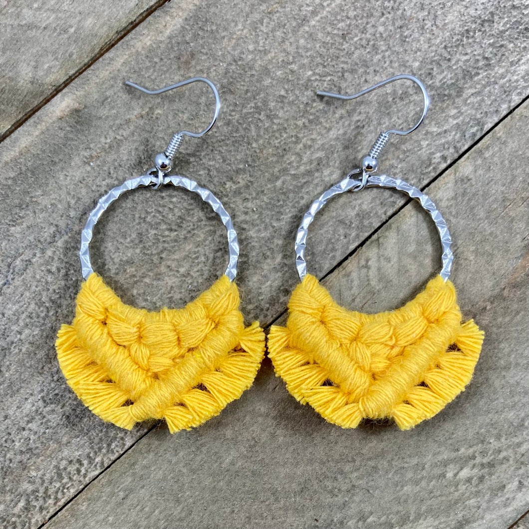Small Square Knot Fringe Earrings - Bright Yellow & Silver