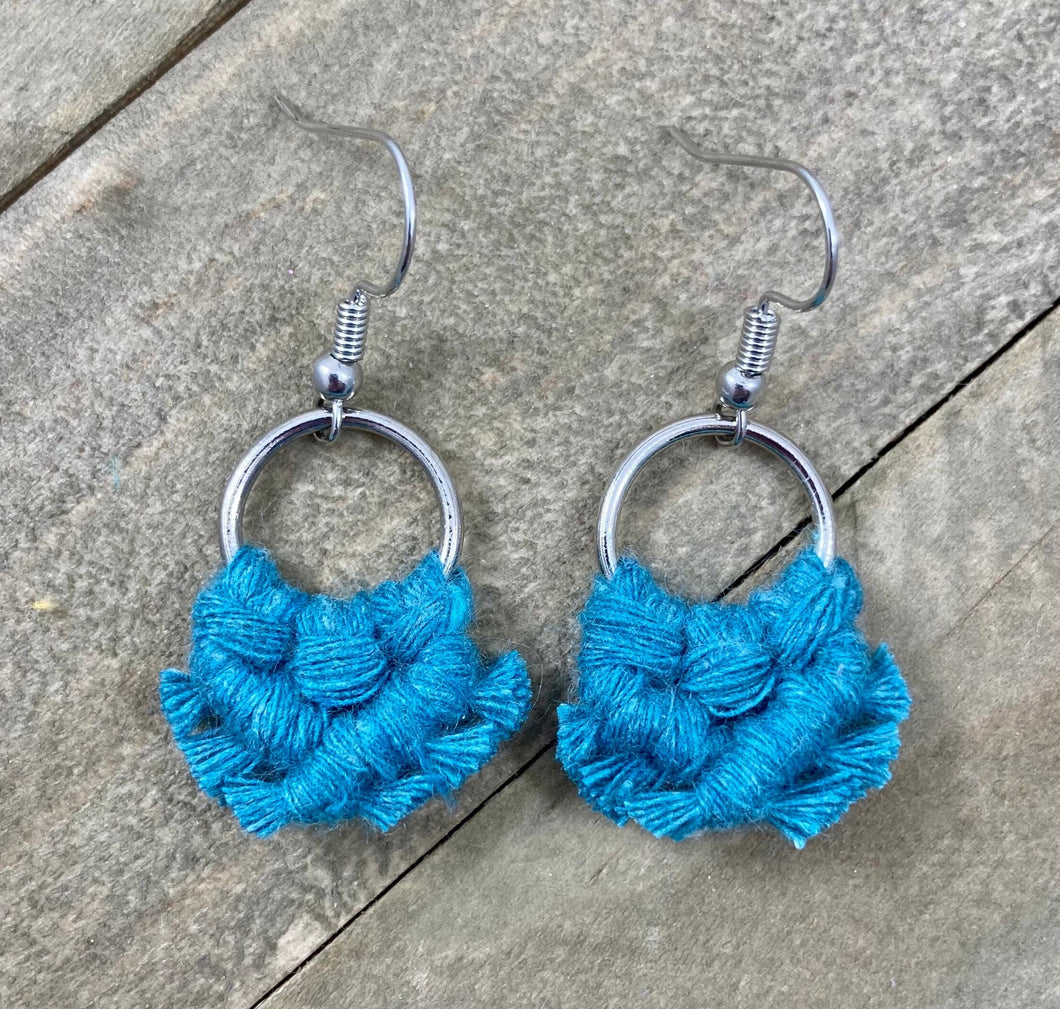 Micro Fringe Round Earrings - Turquoise Blue & Silver