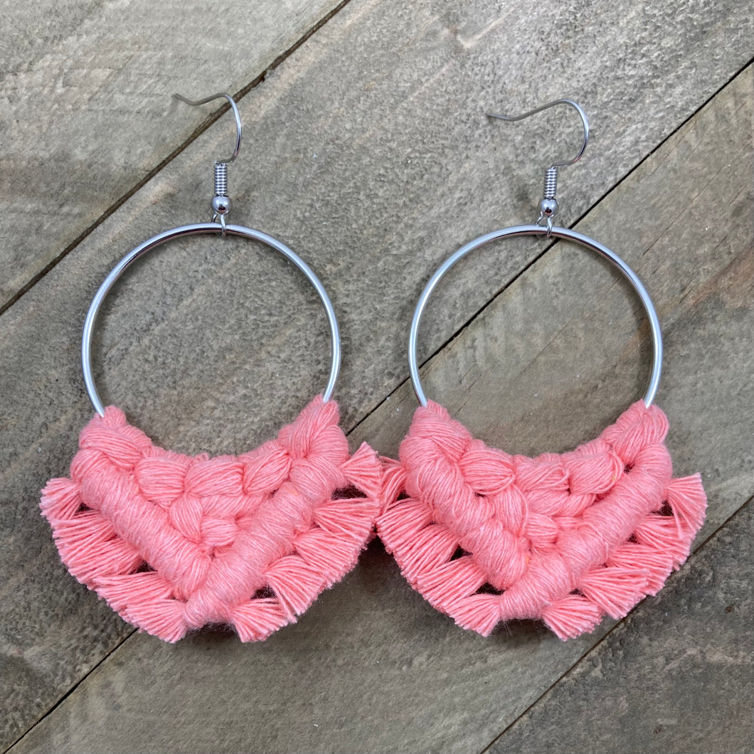 Large Square Knot Earrings - Coral & Silver