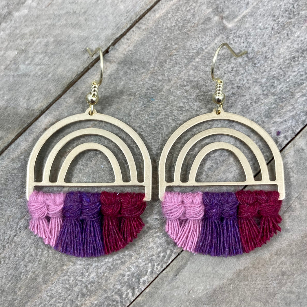 Brass Rainbow Earrings - Pink, Purple, Burgundy