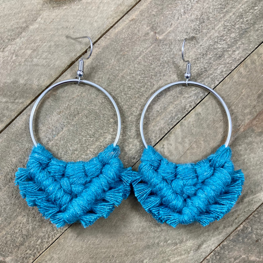 Large Square Knot Fringe Earrings - Turquoise & Silver